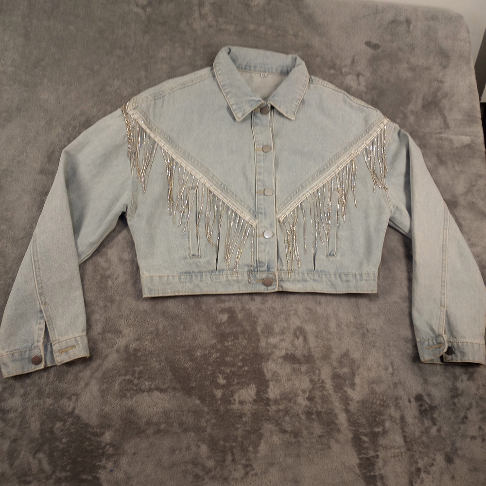 Women's Light Blue Denim Jacket with Fringe Size XL